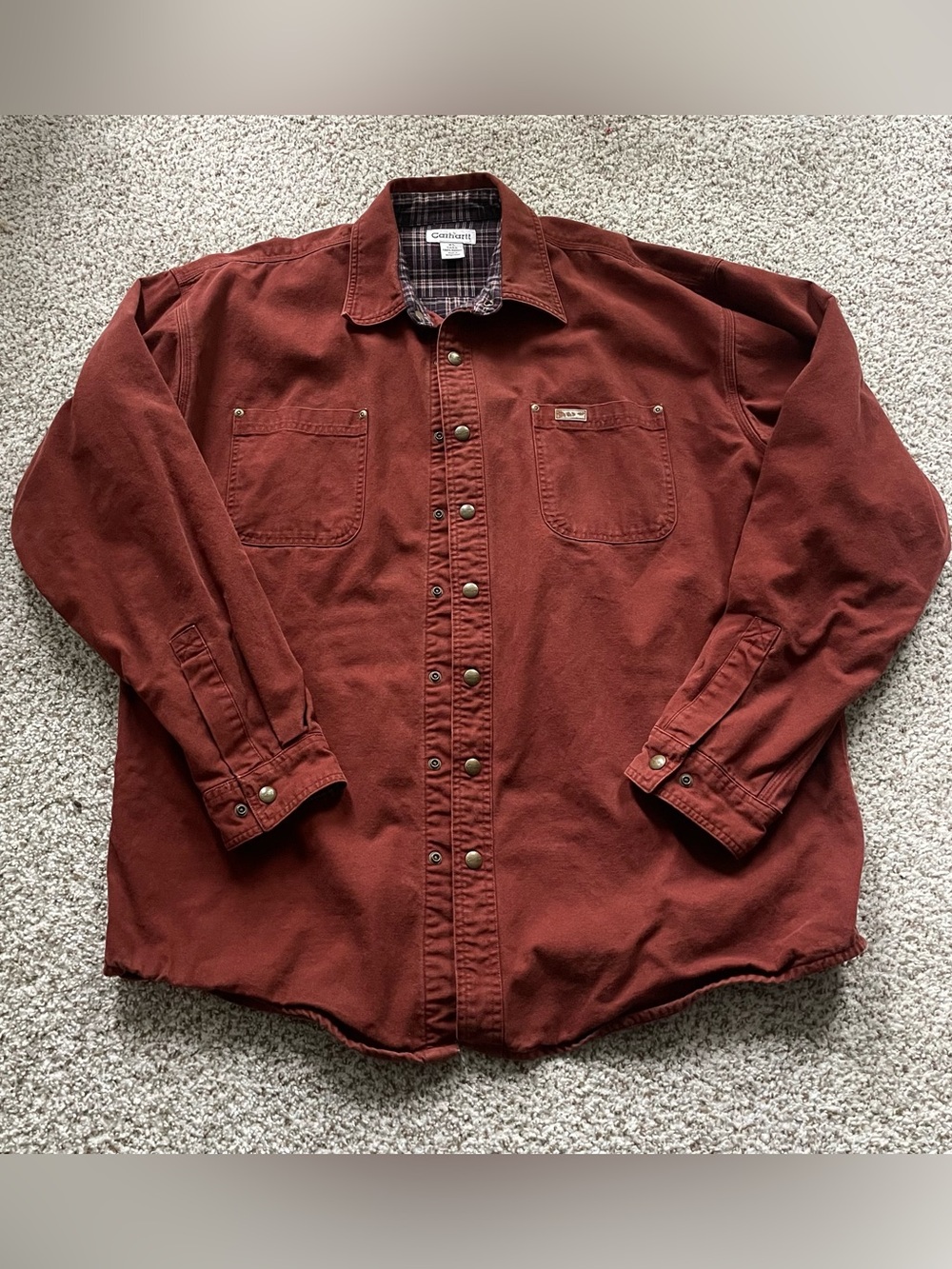 Carhartt Flannel Lined Canvas Shirt Jacket Clay Red Rust Mens XL Tall Snap Front